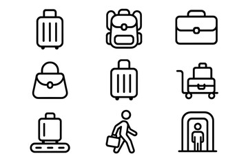 Various types of luggage and bags shown in simple line art for travel and transport needs