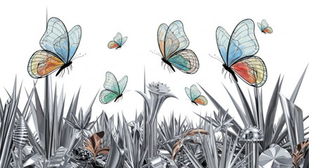 Beautiful butterfly garden illustration with silver grass and colorful butterfly wings art design vector