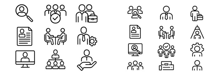 Icons representing professional activities like job search, meetings, and teamwork in a modern digital context