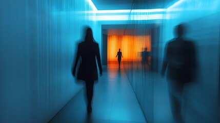 Fototapeta premium Busy corporate employees walking through bright modern office hallway