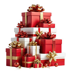 Festive stack of red and white christmas gift boxes with gold bows and ribbons isolated on transparent background