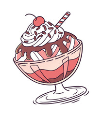 Cartoon Ice Cream Sundae In Glass Cup Topped Vector Illustration