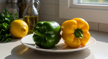A pair of yellow and green bell peppers on a white ceramic plate, placed on a kitchen counter with herbs, lemon, and olive oil nearby