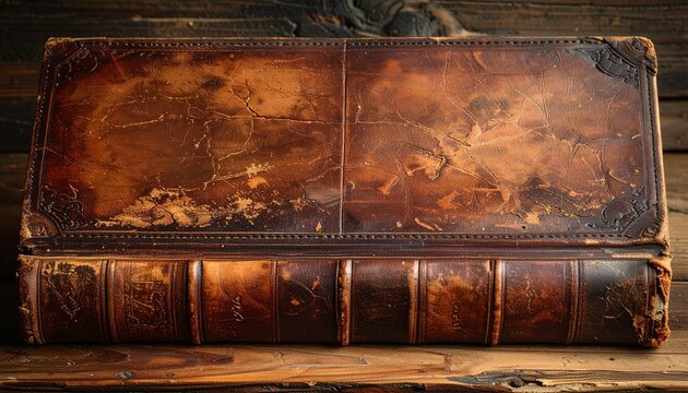 An ancient leather bound book resting on a rustic wooden table.