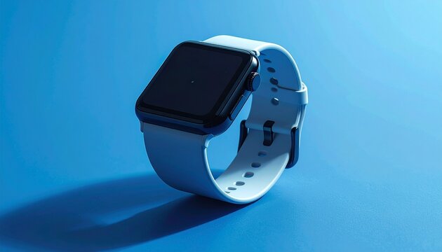 Modern smartwatch with a blank screen and light blue strap on a blue surface.
