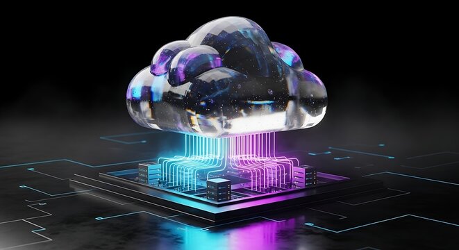 A stylized cloud made of reflective material hovers above a glowing circuit board, representing cloud computing, data processing, and modern technology - Powered by Adobe