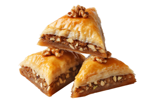 Traditional Turkish baklava filled with pistachios and syrup, cut square triangle isolated on white transparent background, symbolizing sweet cuisine