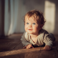 Baby boy with blue eyes lying on wooden floor in sunlight