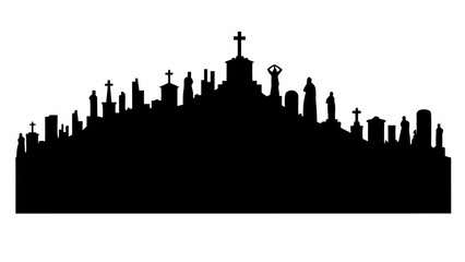 Dramatic cemetery silhouette with crosses and statues for solemn memorial designs and gothic themes
