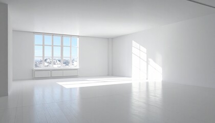 Fototapeta premium Spacious empty white room with bright sunlight streaming from a large window.