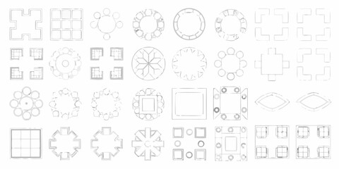 Collection of abstract geometric shapes and furniture arrangements in a top down view