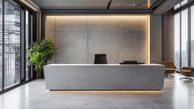 Contemporary concrete office interior with modern workspace, minimalist design, and natural lighting - Powered by Adobe
