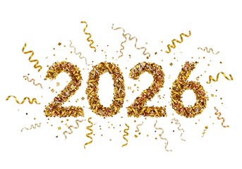 Golden 2026 text with confetti and ribbons on white background