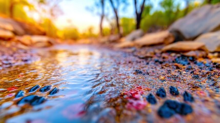 Obraz premium Paw prints are visible on damp soil after recent rain, reflecting a serene natural environment. Sunlight peeks through trees, adding warmth to the scene