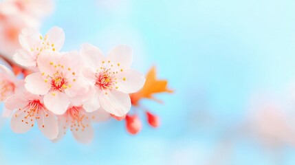 Blooming pink flowers are in focus with a soft bokeh light backdrop, creating a peaceful spring scene. The light enhances the delicate petals, highlighting their beauty