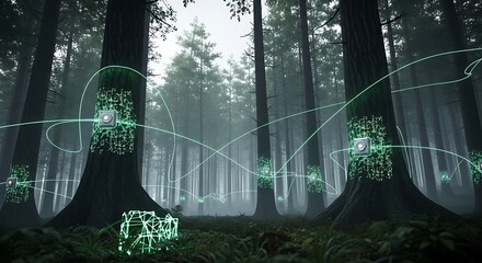 Abstract futuristic technology background with glowing nodes connected by data streams in a forest, representing environmental monitoring and data collection