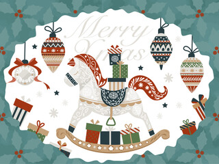 北欧風ロッキングホース（木馬）とオーナメントのクリスマスデザイン素材/Scandinavian Rocking Horse (Wooden Horse) and Ornament Christmas Illustration