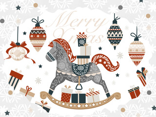 北欧風・水彩ロッキングホース（木馬）のクリスマスカード・フレーム素材/Scandinavian Watercolor Rocking Horse Christmas Card & Frame Illustration