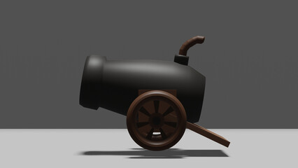 An old black cannon is aimed straight forward, ready to fire. It sits on a wooden carriage with wooden wheels. The cannon has a sturdy build and sits against the background. 