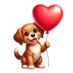 joyful PNG vector illustration of a cute puppy holding a heart-shaped balloon, perfect for Valentine&rsquo;s Day, love-themed designs, greeting cards, invitations, and adorable pet projects