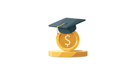 Graduation cap placed on golden coin symbolizing education success achievement and financial growth concept for academic accomplishment isolated on white background