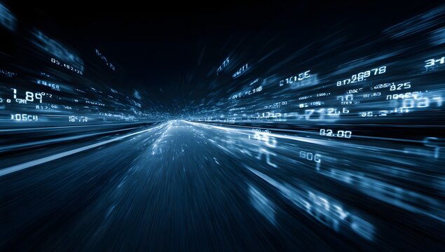 Abstract digital cityscape with blurred lights and data streams creating a sense of futuristic speed and technological advancement in the modern world - Powered by Adobe