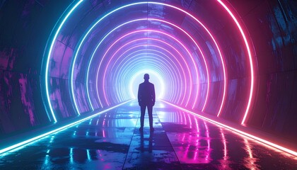 Silhouette of a man standing inside a futuristic tunnel illuminated with vibrant neon lights,