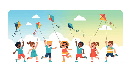 Children Playing With Colorful Kites Under A Vibrant Sky During The Summer Season