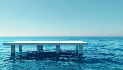 Serene pier floating on tranquil ocean under clear blue sky.