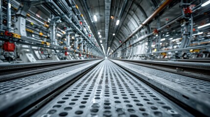 Fototapeta premium Industrial Tunnel Perspective with Machinery and Support Structures