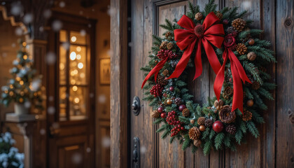 Elegant Christmas wreath with red ribbons and pinecones, hanging on a wooden door background