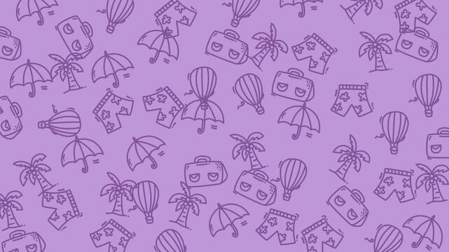 Doodle holiday pattern with vacation icons. Purple outlines evoke fun. Suitable for festive designs like cards, wrapping paper, and stickers.