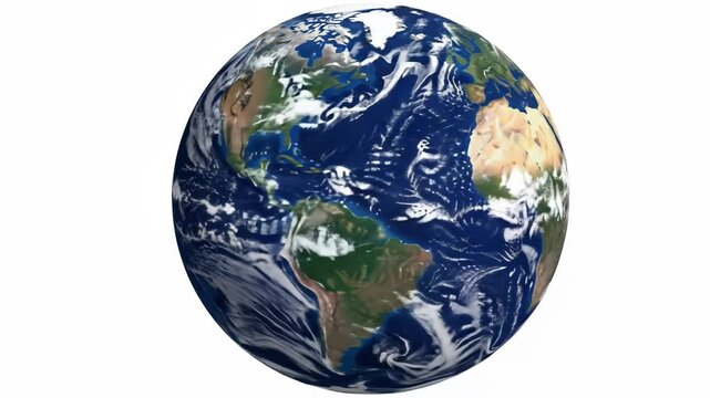 Earth globe with blue oceans, landmasses, and swirling white clouds on white