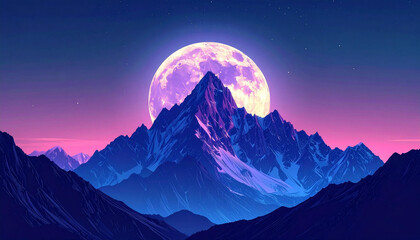 Majestic Mountain Range Silhouetted Against a Glowing Full Moon in a Vibrant Sky.