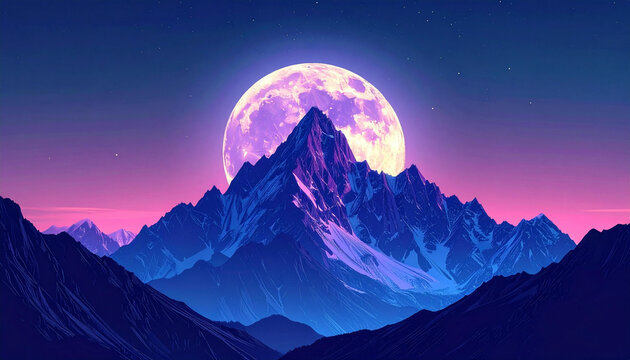 Majestic Mountain Range Silhouetted Against a Glowing Full Moon in a Vibrant Sky.