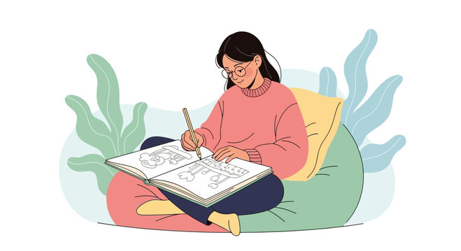 Creative Young Woman Concentrating on Colorizing an Illustration Book in Her Leisure Time