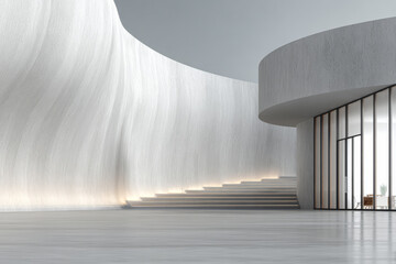 Modern architectural design featuring curved walls and elegant staircase in a spacious indoor environment