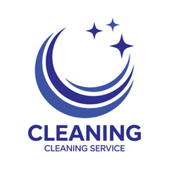 Modern blue crescent moon logo with sparkling stars symbolizing a professional and clean cleaning service business concept isolated on a white background
