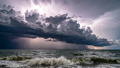 Dramatic Stormy Sky Over Turbulent Ocean Waves During a Thunderstorm.