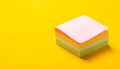 Stack of colorful sticky memo notes on a yellow background.