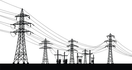 High voltage electricity transmission towers and power substation silhouette with electric lines, industrial energy distribution, utility grid network vector illustration background