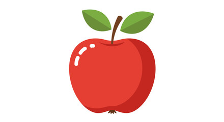 A bright red apple with two green leaves and a brown stem.