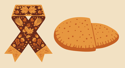 Autumn Ribbon and Pie Illustration.