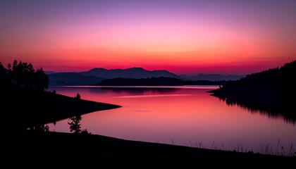 Fototapeta premium dark sunset over the lake with copy space