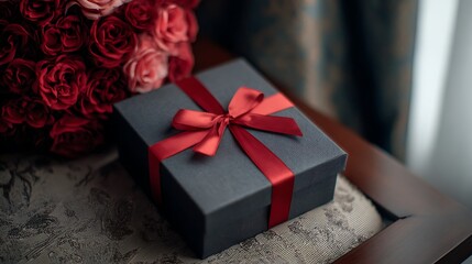 Black Gift Box with a Red Ribbon and Roses / 赤いリボンがついた黒いギフトボックスとバラ