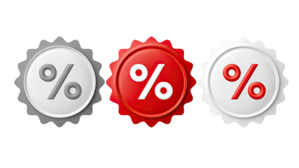 Three discount percentage badges with bold text and colorful labels designed for sale promotion retail marketing and shopping offers isolated on white background