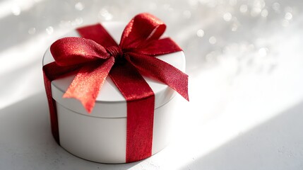 White Round Gift Box with a Red Ribbon / 赤いリボンを結んだ白い丸型のギフトボックス