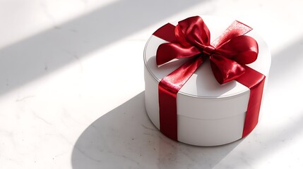 White Gift Box with a Red Ribbon on White Background / 白い背景に置かれた赤いリボンのギフトボックス