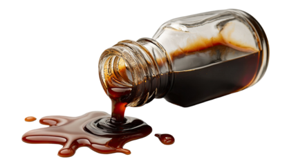 Spilled brown soy sauce splash creating glossy liquid texture and natural flow pattern showing condiment detail and flavor concept isolated on white background