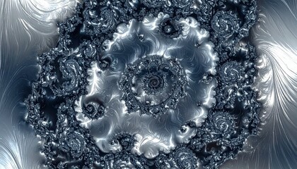 Abstract swirling metallic fractal with intricate details and silver highlights.